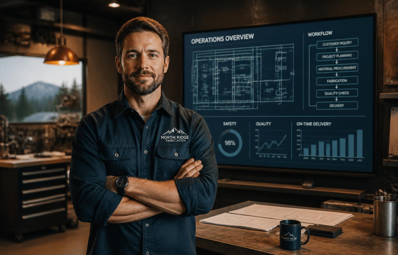 Trade operations manager with workflow charts and operational blueprints on screen