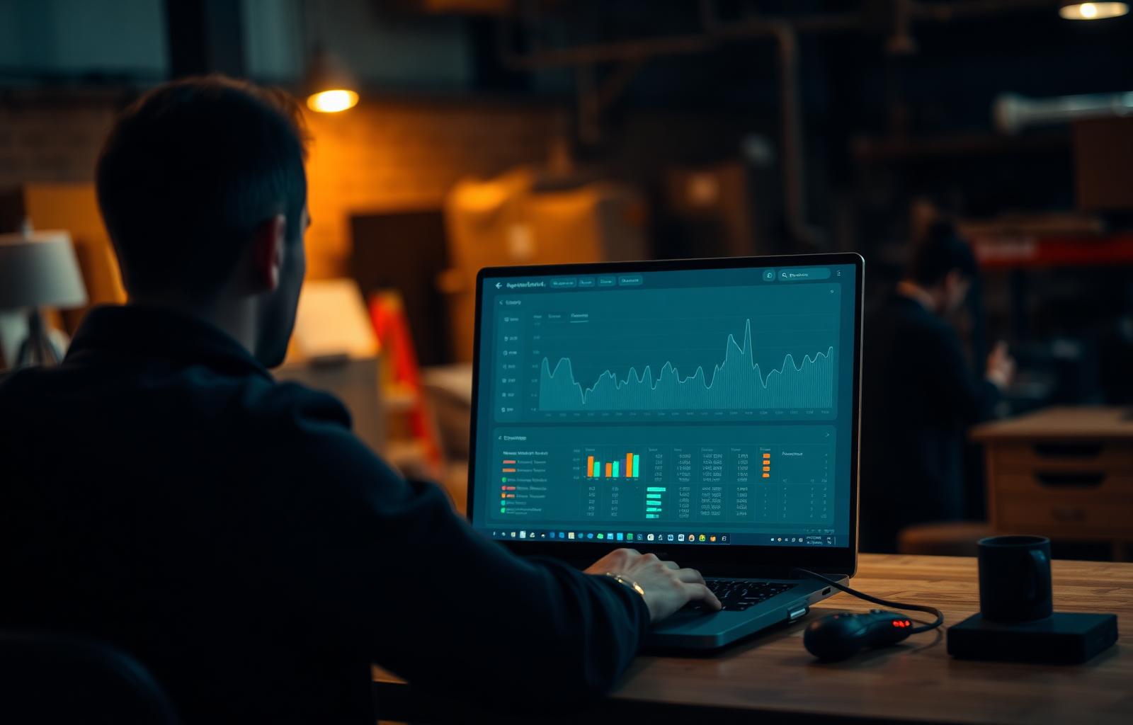 Owner-operator reviewing an operational dashboard with workflow charts and KPIs